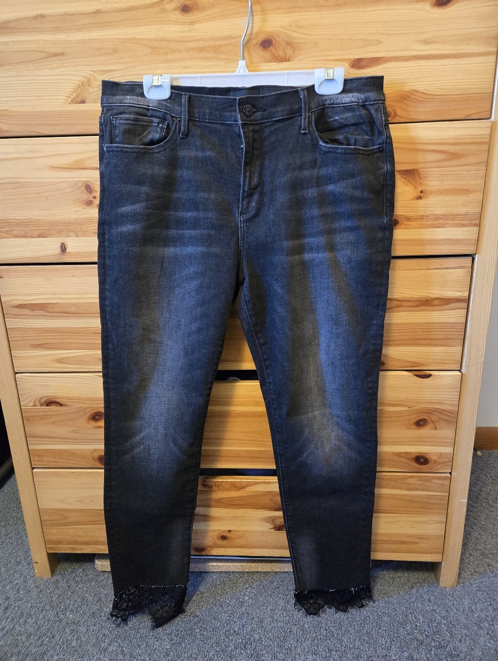 DRIFTWOOD JACKIE BLACK DISTRESSED JEANS WITH LACE ANKLES. W32, L28.